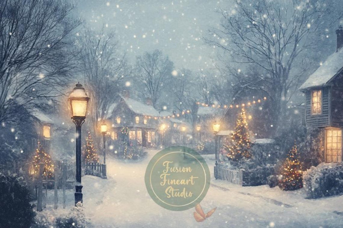Snowy Village Street Lamplights Falling Snow Winter Evening Poster - Image 3
