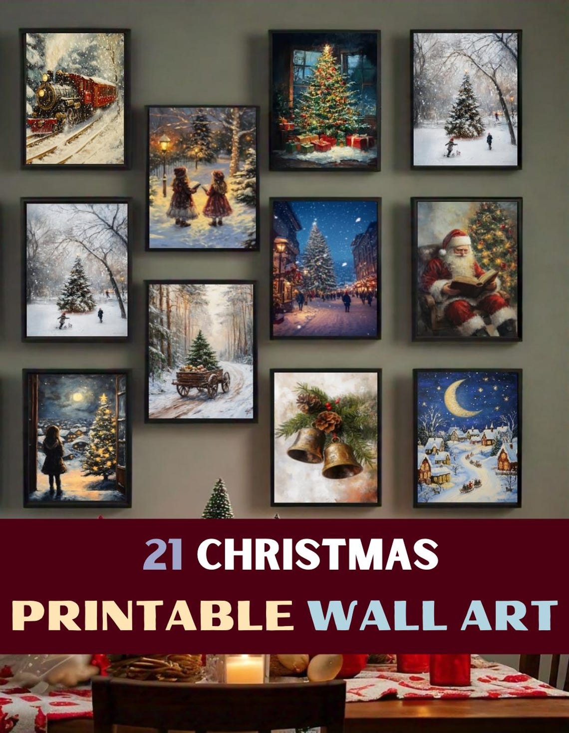 Set of 21 Christmas Printable Bundle Vintage Holiday Wall Art