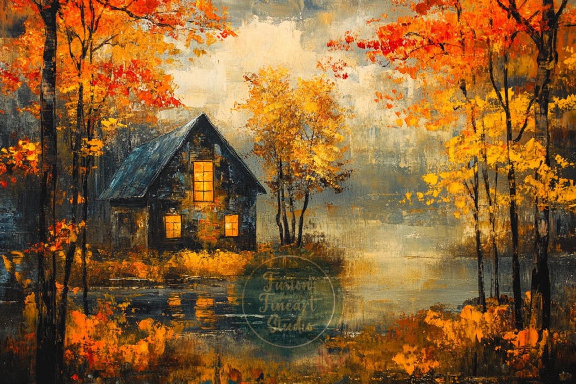 Lake Cabin Autumn Glowing Windows Misty Golden Trees Shore Poster - Image 3