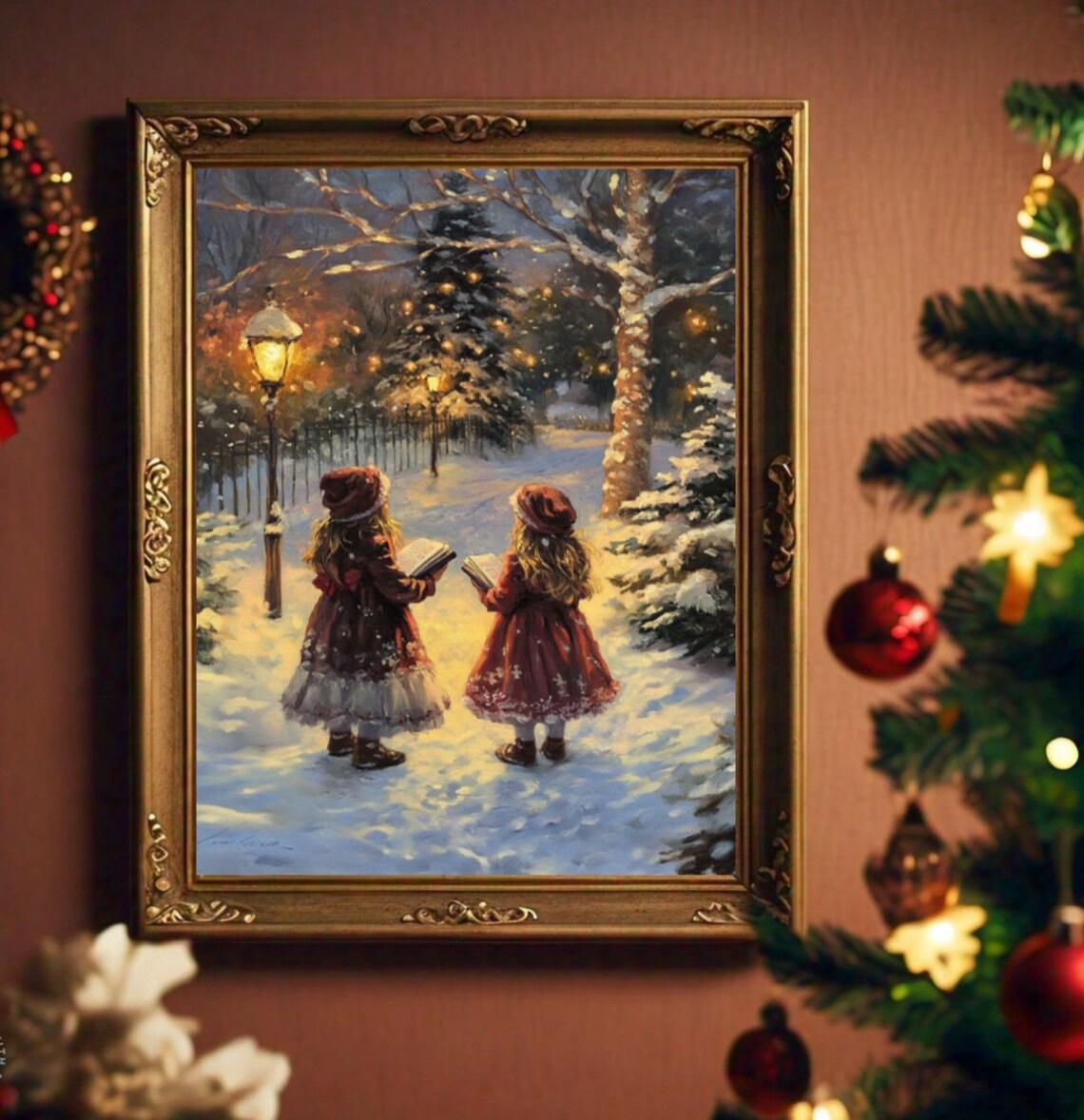Little Christmas Carolers in Snowy Lamplit Park Vintage Holiday Poster