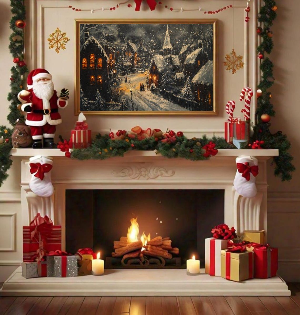 Snow Covered Village Church Spire Christmas Night Scene Poster - Image 2