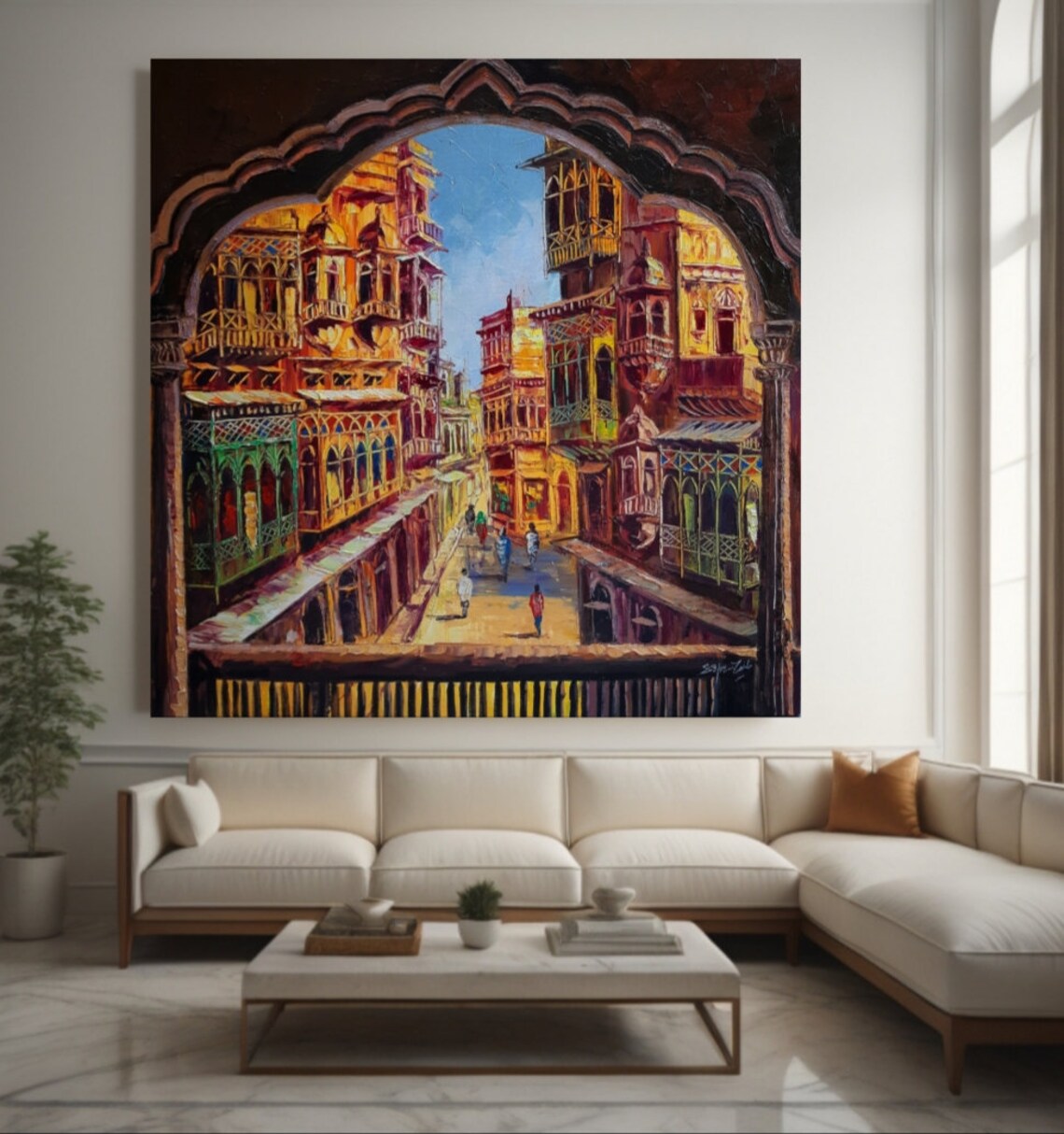 The Balcony City Oil Painting, Textured Art Print