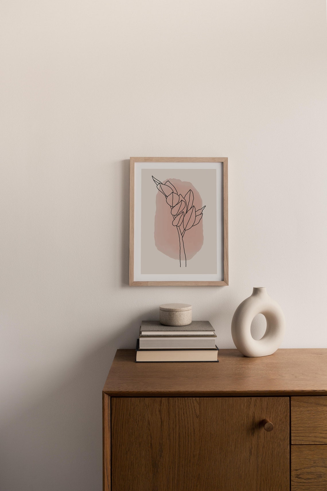 Blush Pink Botanical Line Art Leaf Stem on Soft Pink Wash Wall Art - Image 2