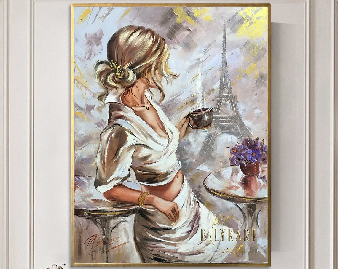 Woman Drinking Coffee White Blouse Eiffel Tower Paris Morning Poster - Image 3