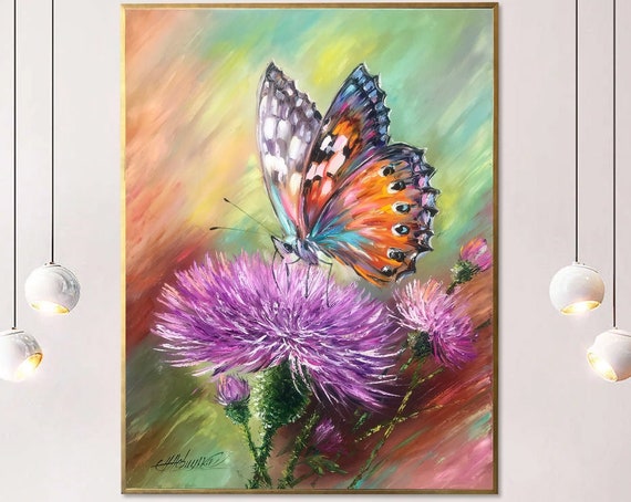 Abstract Butterfly Oil Painting Original Butterfly Wall Art Scottish Thistle Painting Butterfly Sitting Flower Painting Thistle Art