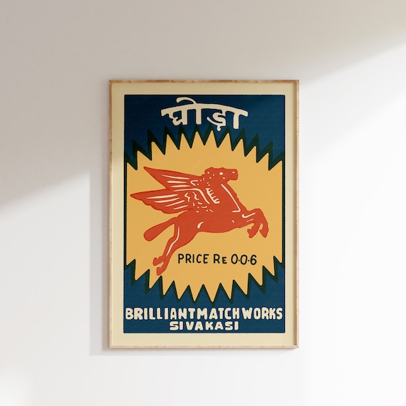 Retro Indian Matchbox Poster Pegasus Vintage Matchbox Poster Colorful Art Poster Vintage India Art Maximalist Wall Art Matchbox Art