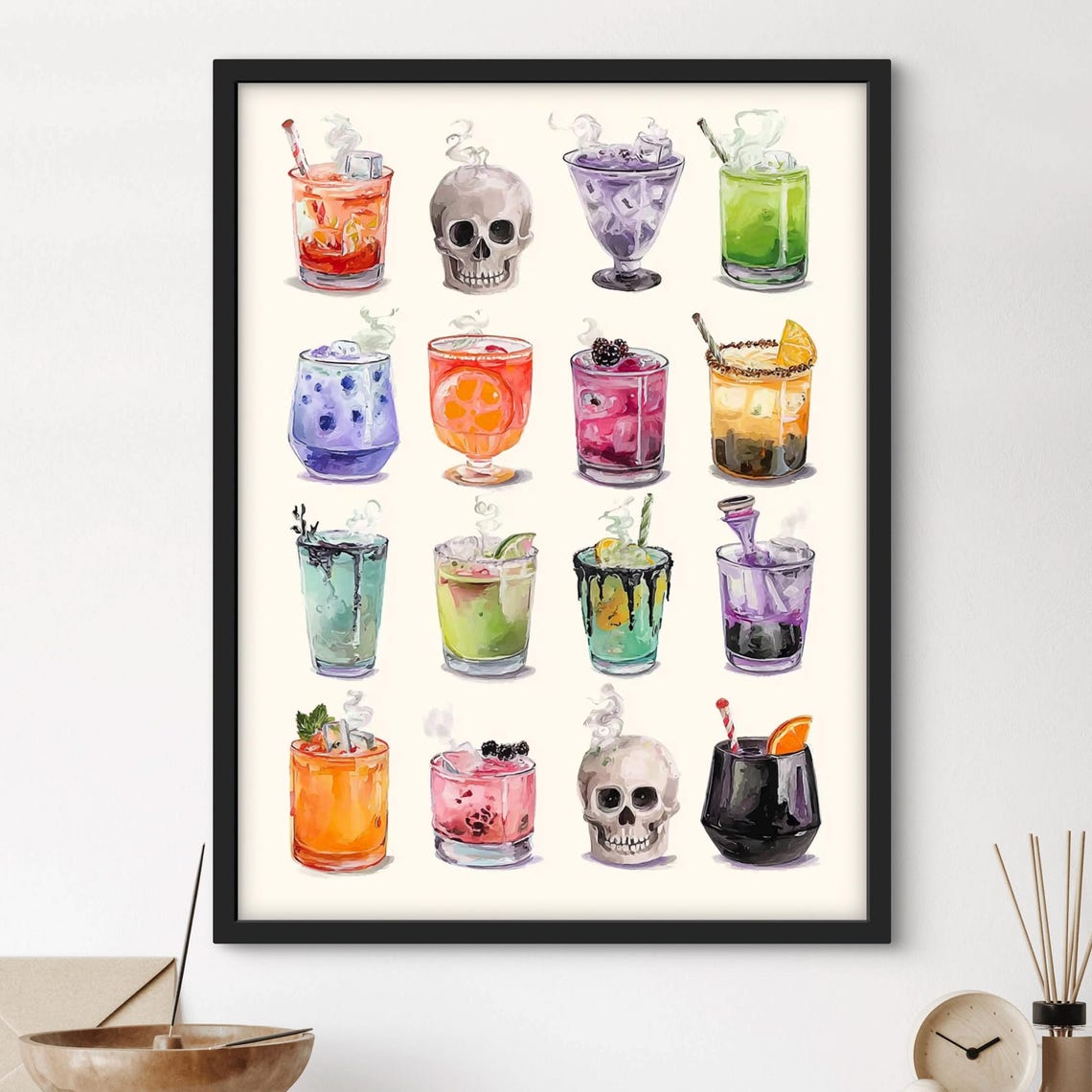 Halloween Cocktail Watercolor Grid Spooky Skull Drink Wall Poster