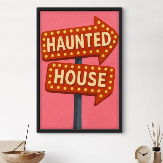 Haunted House Wall Art Retro Halloween Spooky Sign Artwork Trendy Pink Decor