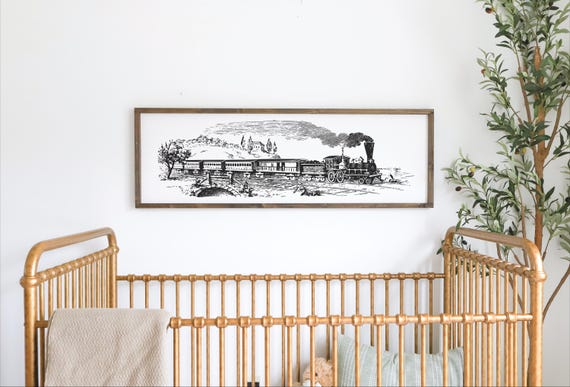 Vintage Train On Bridge Sign Black And White Train Sign Vintage Train Nursery Theme Sign Cottage Core Sign Farmhouse Train Art B14