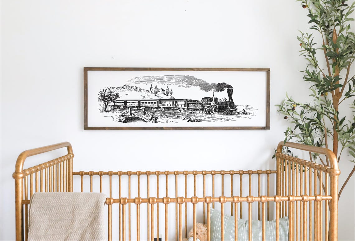 Vintage Steam Train Crossing Bridge Black White Nursery Poster
