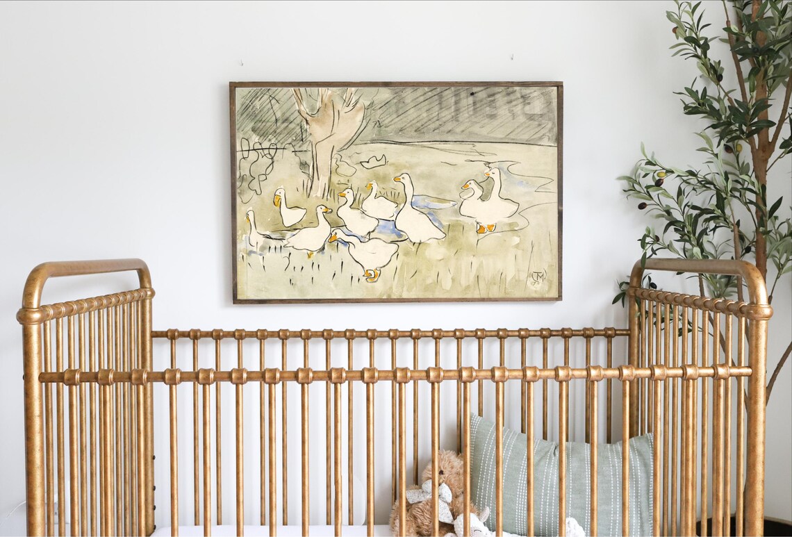 Flock of White Geese in a Field Watercolor Sketch Nursery Poster