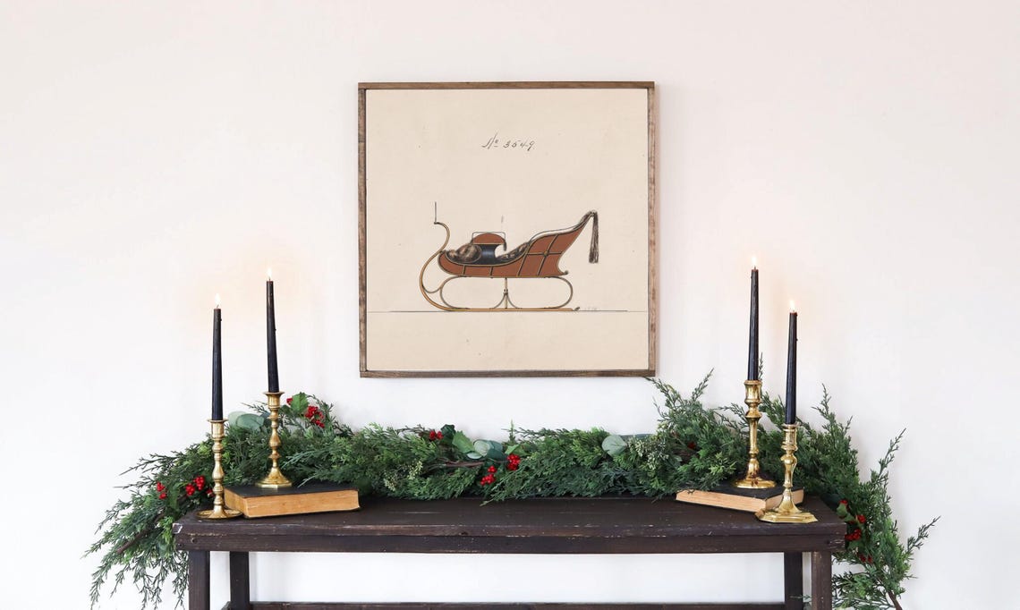 Vintage Christmas Sleigh Art Holiday Vintage Art Print Red Antique Sleigh Art Holiday Wall Art Holiday Antique Art