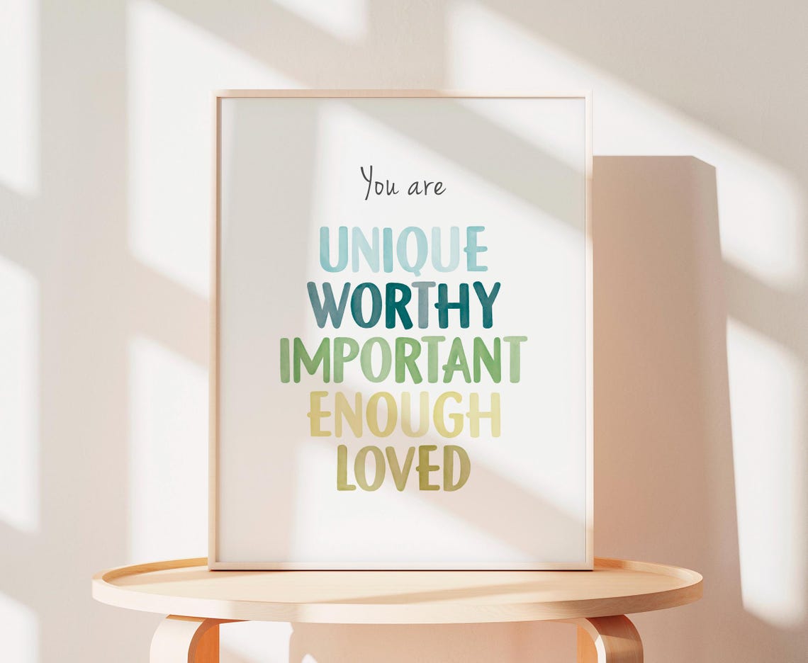 You Are Unique Worthy Important Loved Watercolor Affirmation Poster - Image 2