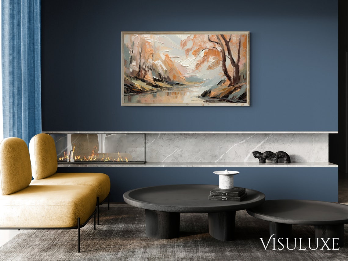 Dreamy Peach Abstract Trees Riverside Soft Nature Impasto Art Poster - Image 2