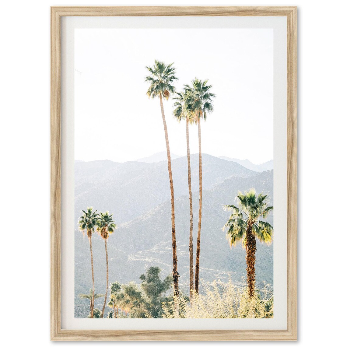Tall Desert Palm Trees Against Hazy Mountain Landscape Art Print