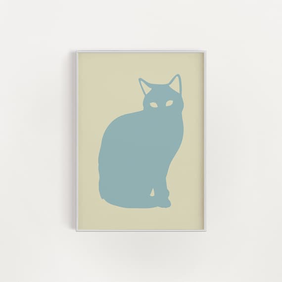 Teal Blue Minimal Cat Silhouette Warm Cream Simple Cat Lover Poster