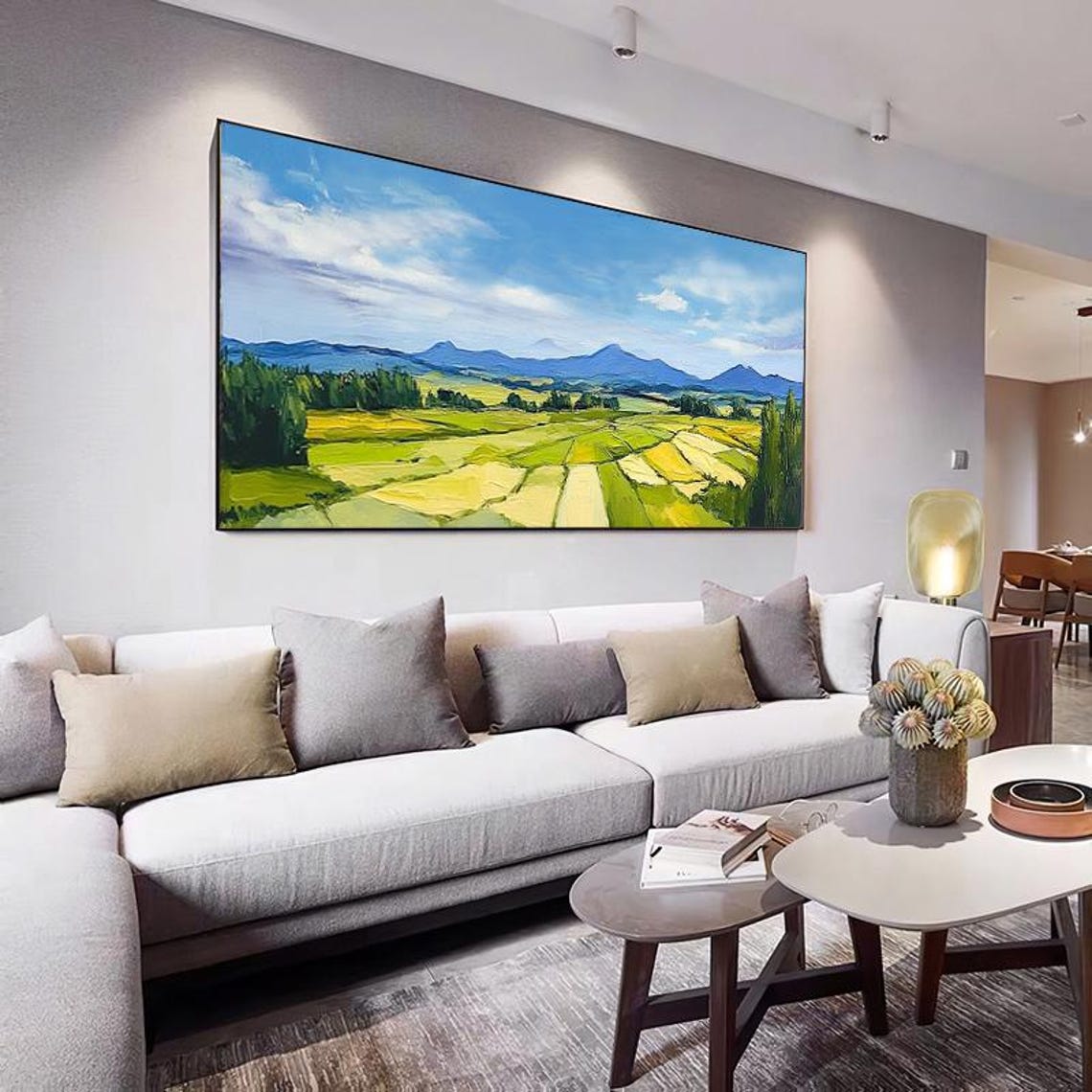 Abstract Oil Painting Blue Sky With White Clouds Distant Mountains Harvest Fields Textured Pastoral Landscape Art For Living Room - Image 3