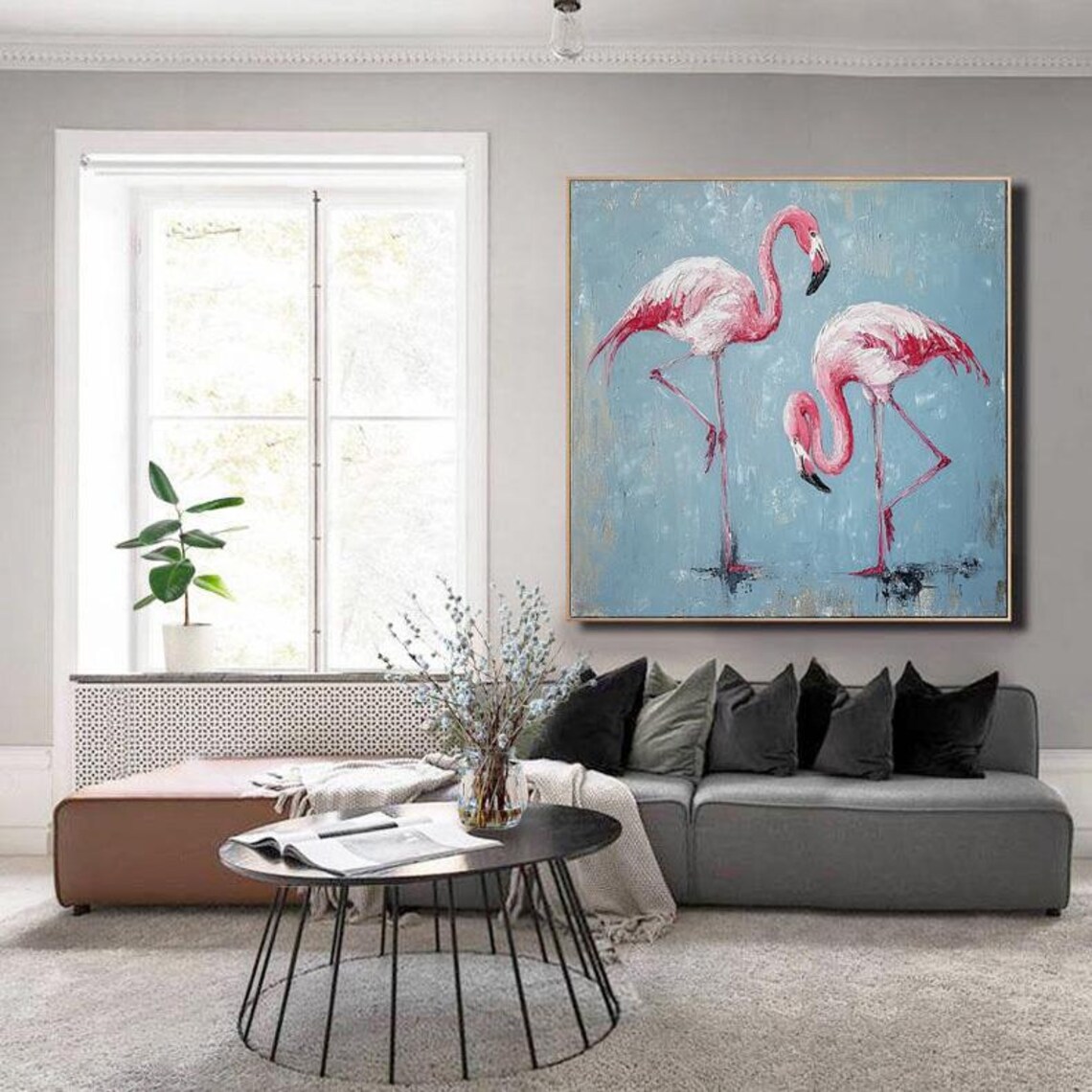 Two Pink Flamingos On Blue Grey Background Tropical Painting Poster - Image 2