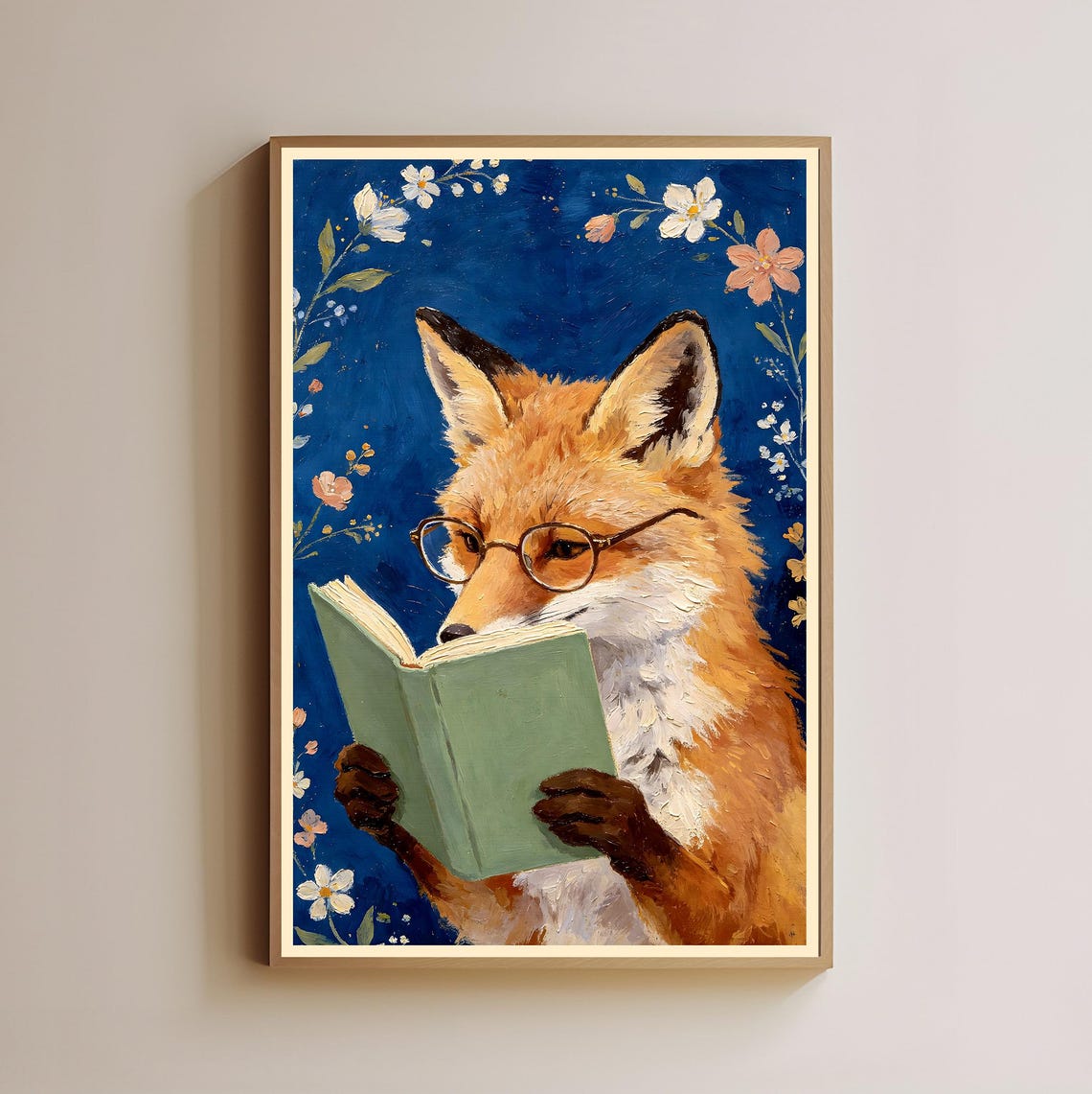 Fox Reading Book Print Woodland Animal Wall Art Floral Dark Academia Decor