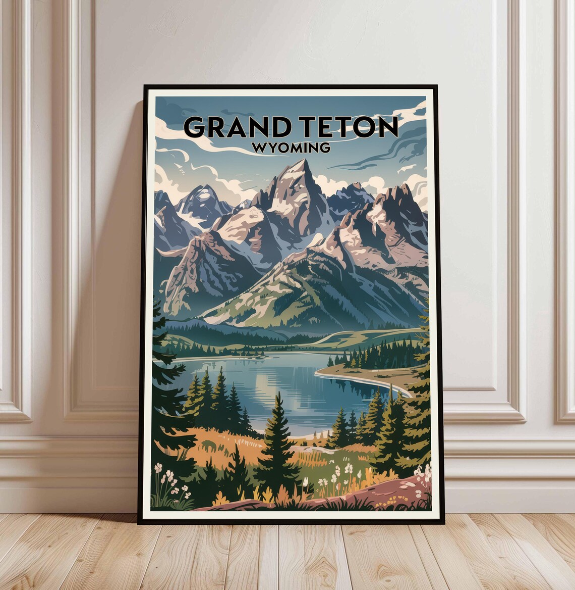 Grand Teton Wyoming Travel Poster Mountain Lake Vintage National Park Scenery