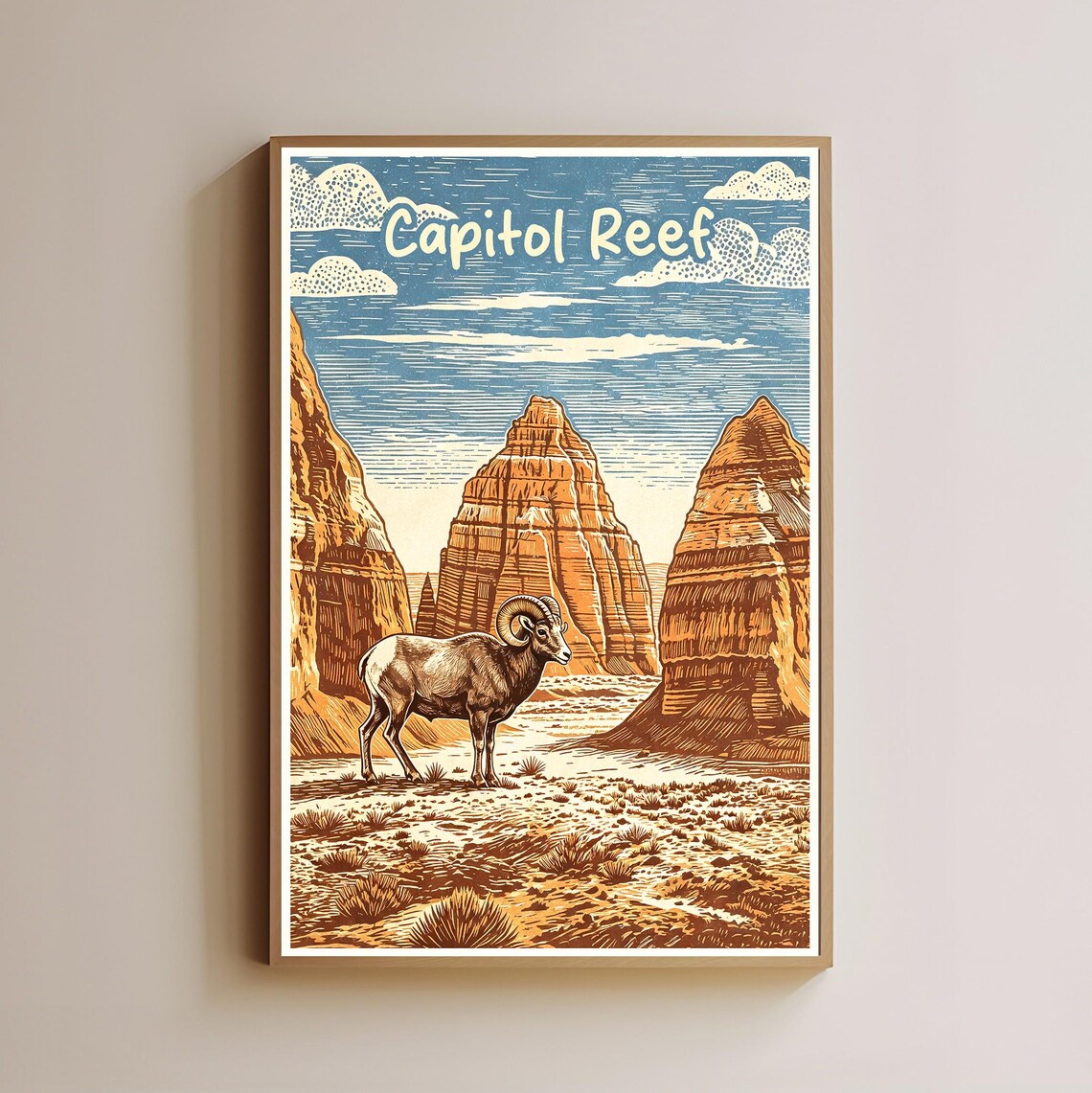 Capitol Reef Desert Woodcut Travel Poster With Bighorn Sheep Canyon View
