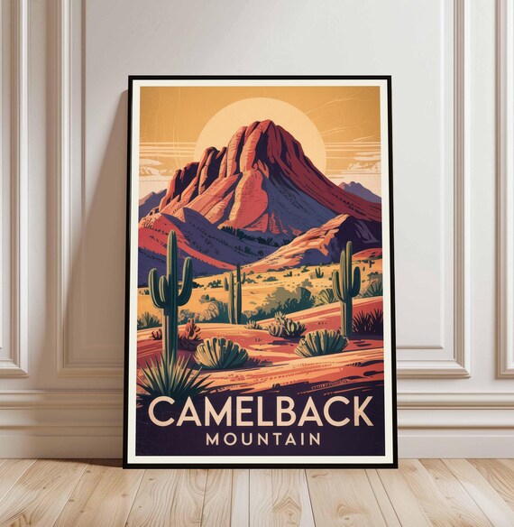 Camelback Mountain Arizona Desert Sunset Saguaro Cactus Vintage Poster