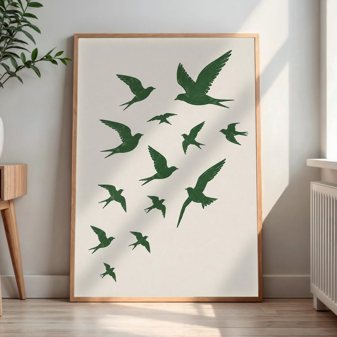 Green Swallows Flying Silhouette Flock Nature Minimalist Art Poster