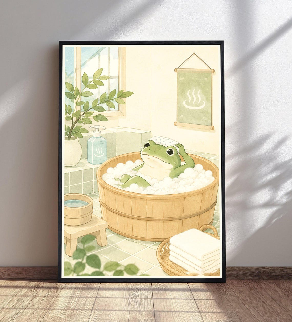 Cute Frog Relaxing in a Wooden Barrel Bubble Bath Art Poster