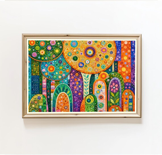 Abstract Landscape Canvas Print Whimsical Circles Floral Wall Art Organic Shapes Mosaic Decor