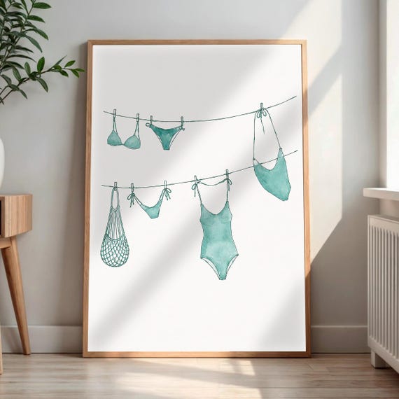 Swimsuit Laundry Line Print Watercolor Beach House Decor Coastal Wall Art Summer Vacation Home