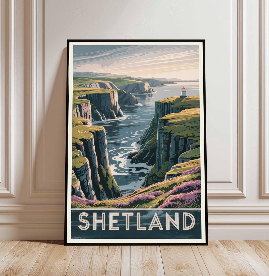 Shetland Islands Sea Cliffs Lighthouse Vintage Travel Poster
