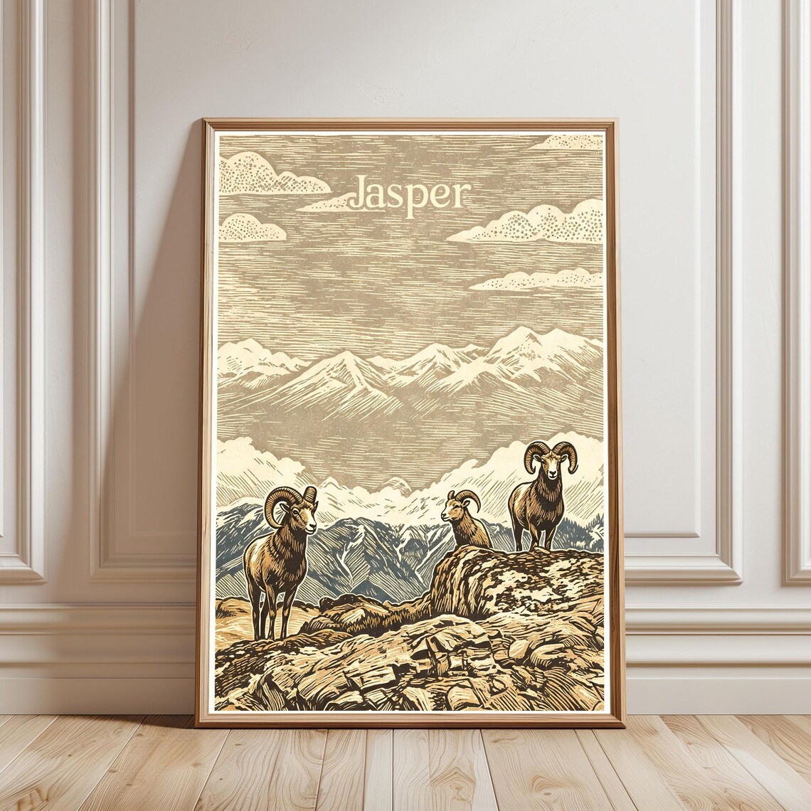 Jasper Bighorn Sheep Rocky Summit Vintage Woodcut Art Poster