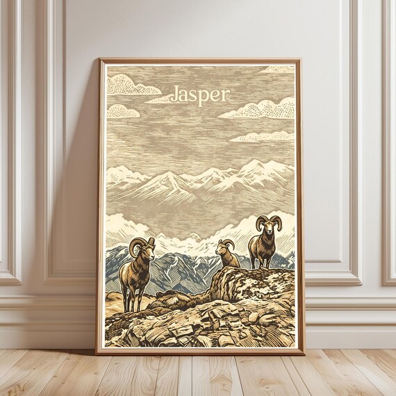 Jasper Bighorn Sheep Rocky Summit Vintage Woodcut Art Poster