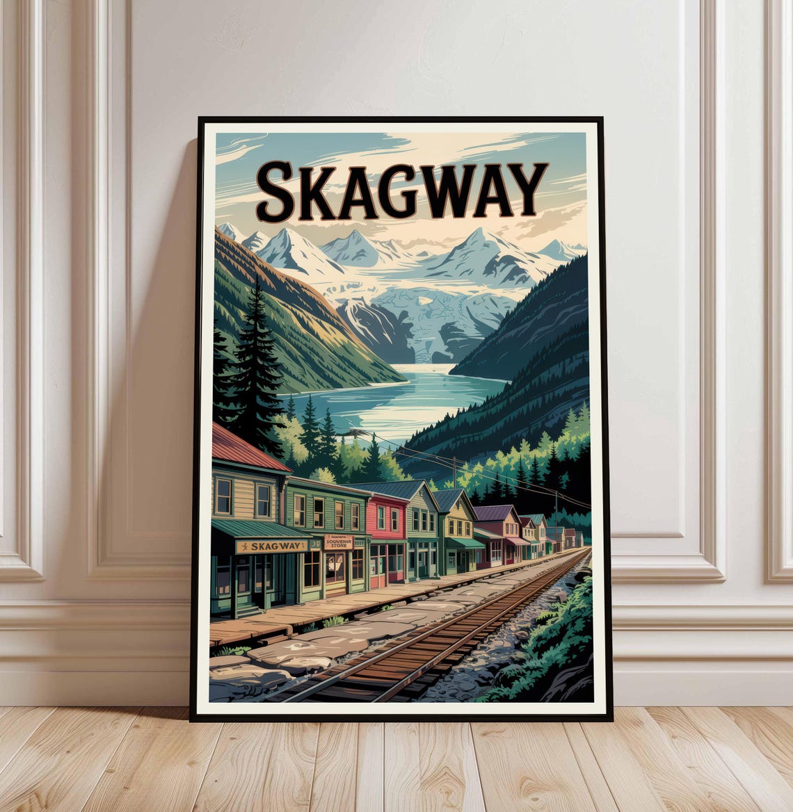 Skagway Alaska Vintage Travel Poster Gold Rush Town Railroad Mountains