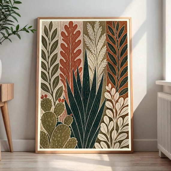 Botanical Wall Art Desert Plants Print Cactus Agave Leafy Woodcut Style Earthy Tones Decor