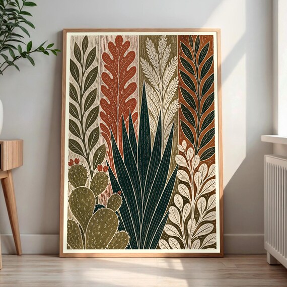 Desert Botanical Cactus Agave Woodcut Earthy Tones Art Poster