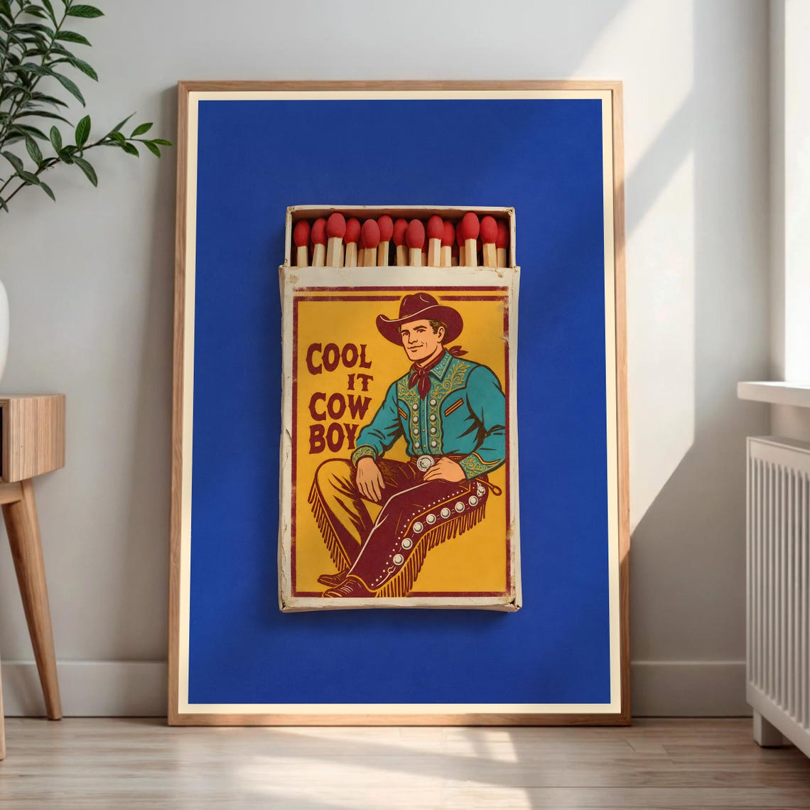 Cool It Cow Boy Vintage Matchbox Cowboy Blue Retro Art Poster