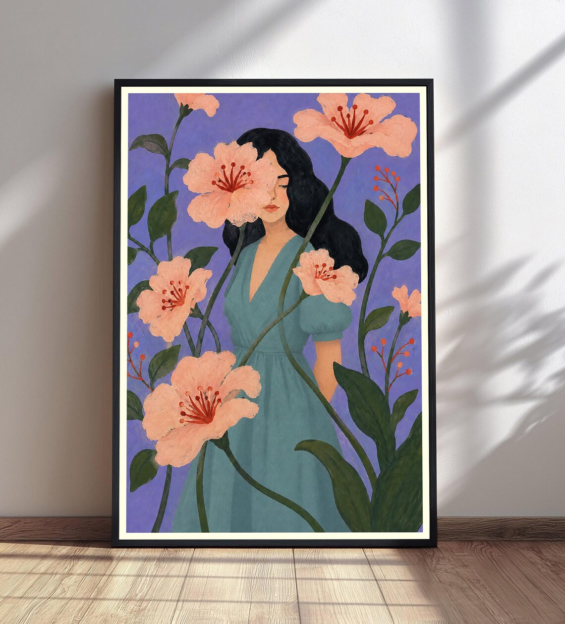 Teal Dress Woman Pink Blossom Floral Portrait Illustration Poster