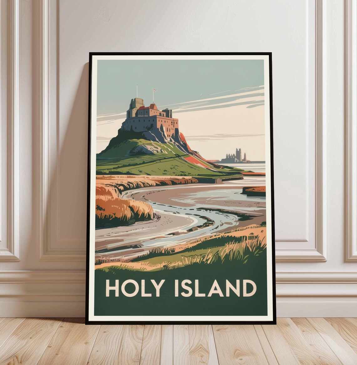 Holy Island Northumberland Castle Retro Vintage Travel Art Poster