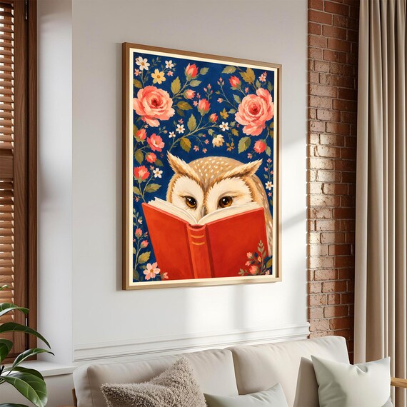 Owl Peeking Over Book Wall Art Floral Print Dark Academia Decor Mailed