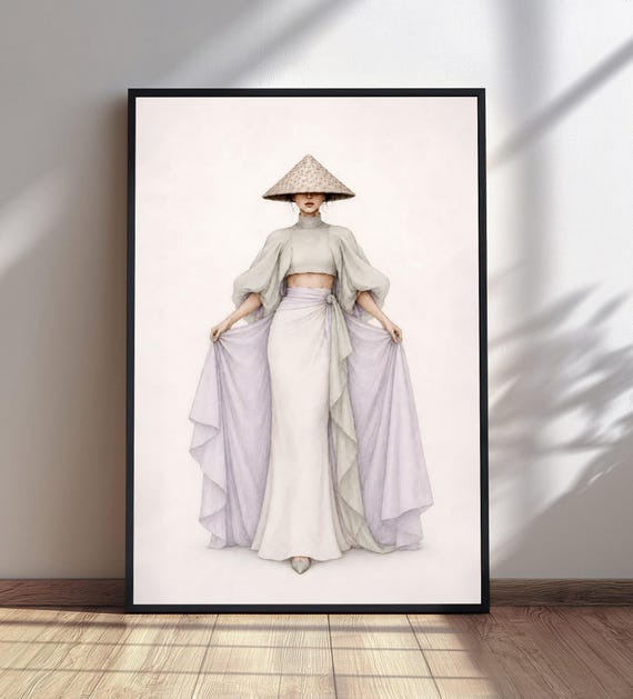 Fashion Illustration Print Conical Hat Woman Art Elegant Outfit Wall Lavender Grey Decor