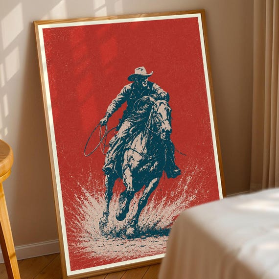 Galloping Cowboy Art Print Distressed Western Horse Wall Rustic Lasso Rider Decor Vintage Rodeo Poster