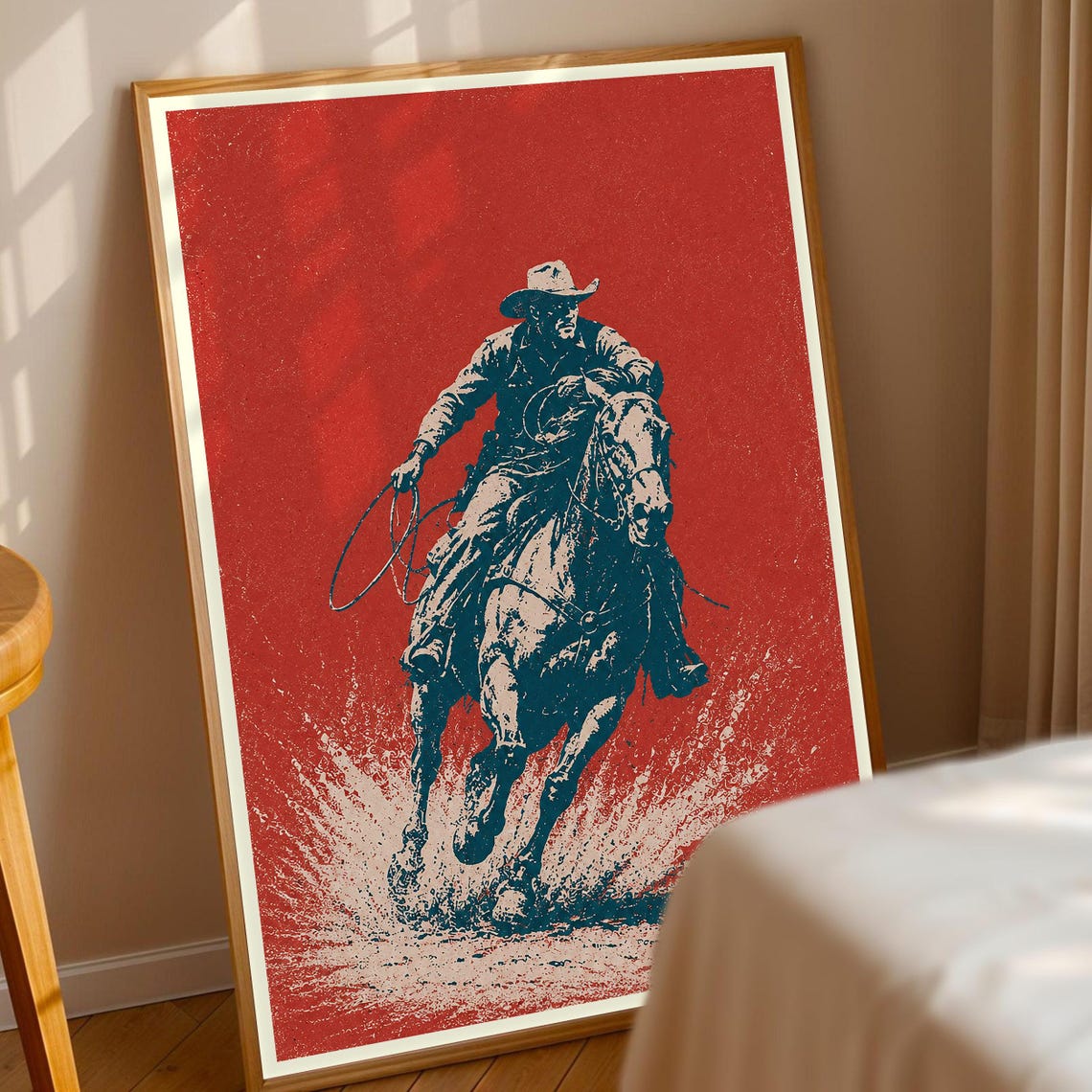 Galloping Cowboy on Horseback Red Blue Distressed Western Poster