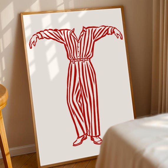 Red Stripe Suit Fashion Illustration Minimalist Wall Art Chic Decor Print Elegant Attire Poster