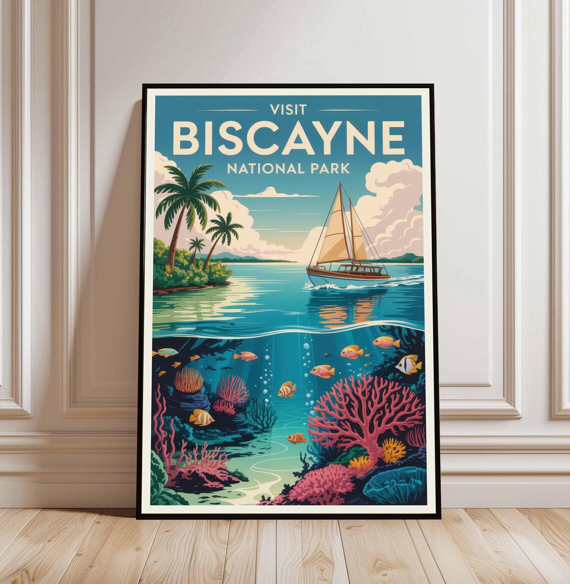 Biscayne National Park Florida Sailboat Coral Reef Vintage Travel Poster