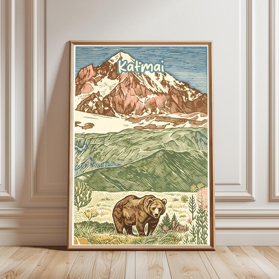 Katmai Brown Bear in Meadow Under Snowy Mountain Vintage Travel Poster
