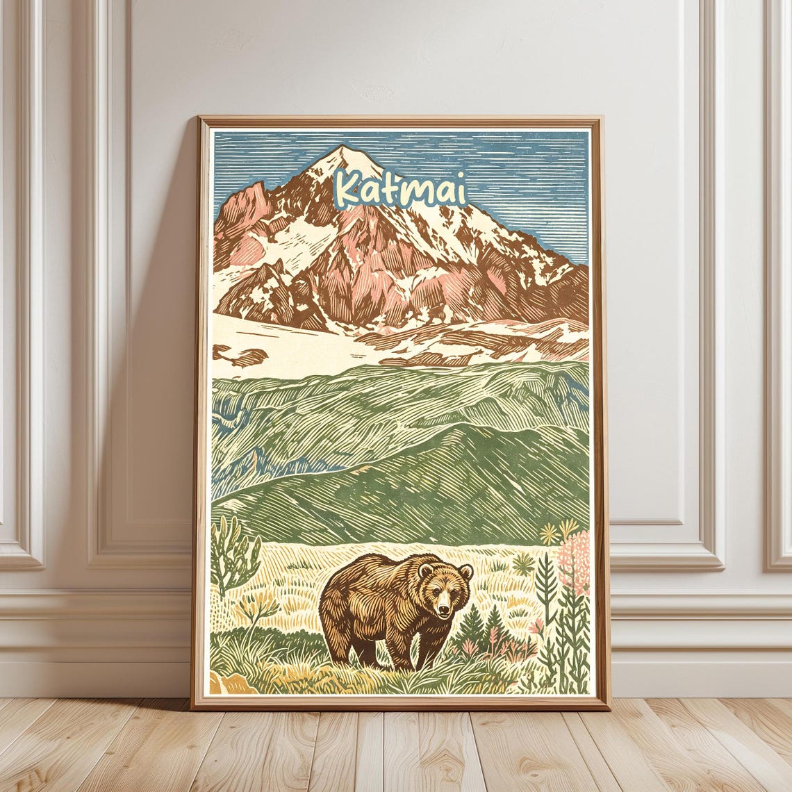 Katmai Brown Bear in Meadow Under Snowy Mountain Vintage Travel Poster