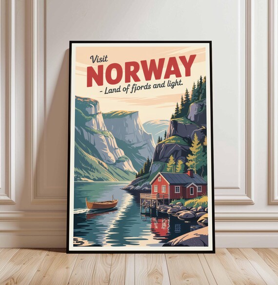 Norway Land of Fjords and Light Vintage Travel Poster Fjord Cabin