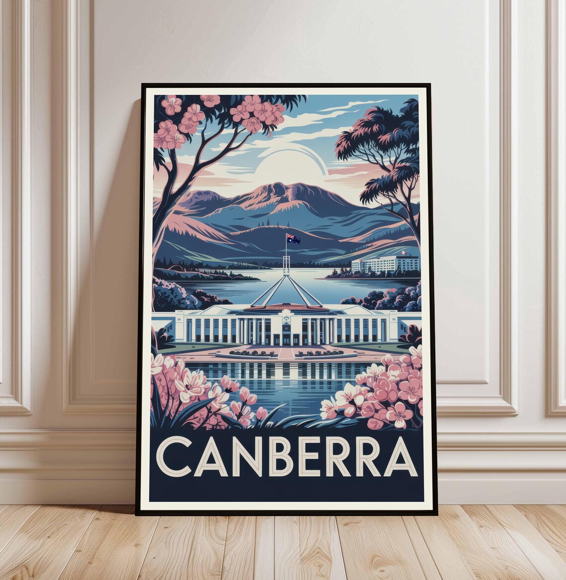 Canberra Australia Parliament House Lake Blossom Vintage Travel Poster