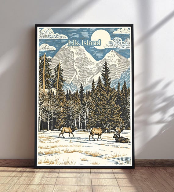 Elk Island National Park Print Vintage Travel Poster Snowy Forest Art Mountain Moon Wall Decor